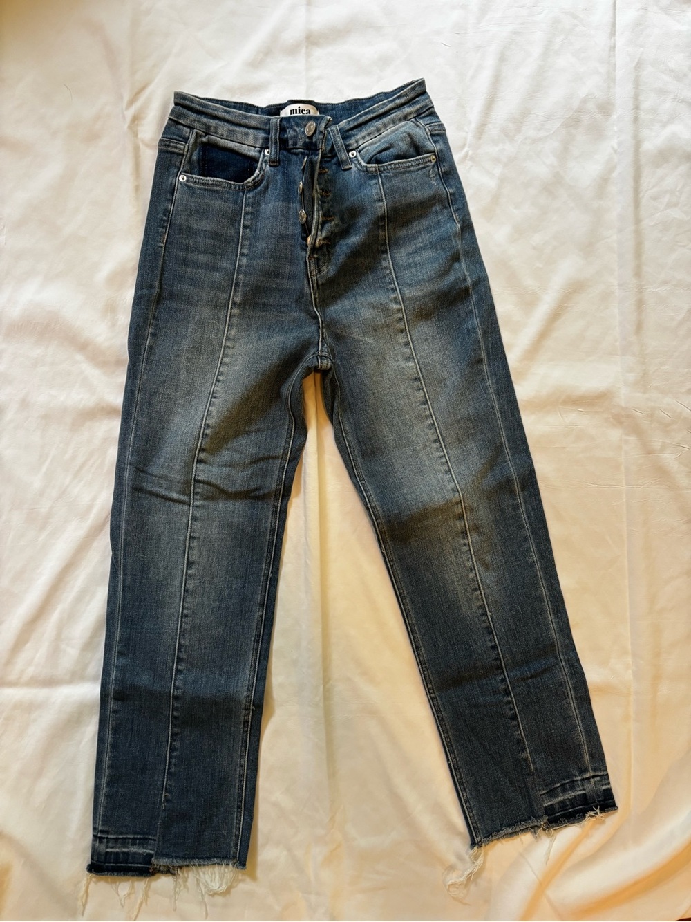Mica Los Angeles Medium Wash Raw Hem Straight Leg Jeans Size 28